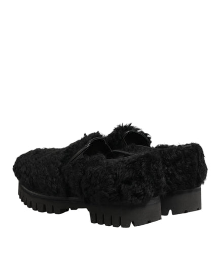 Dolce & Gabbana Dress Black Fur Leather Slippers Men Shoes