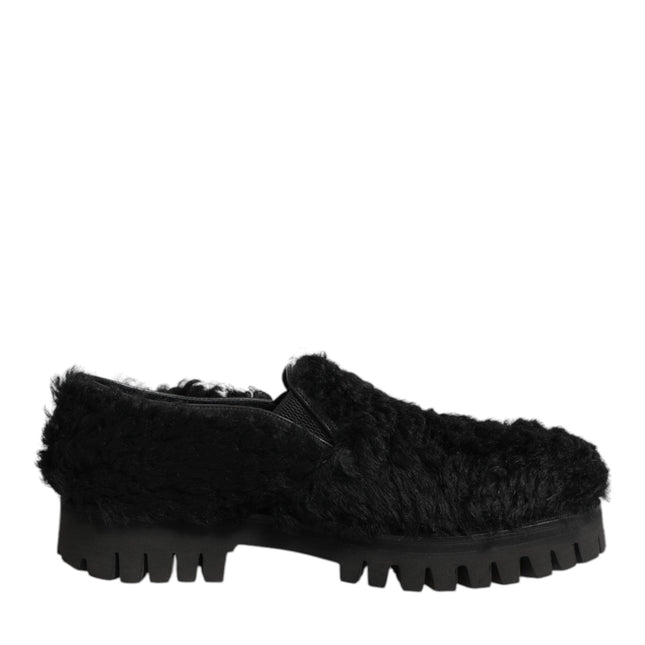 Dolce & Gabbana Dress Black Fur Leather Slippers Men Shoes