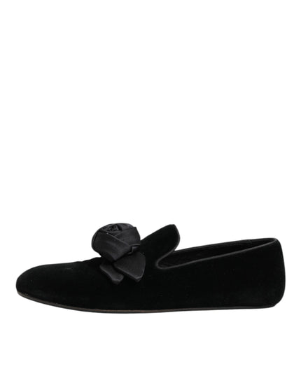 Dolce & Gabbana Black Suede Cotton Rose Slip On Loafers Shoes