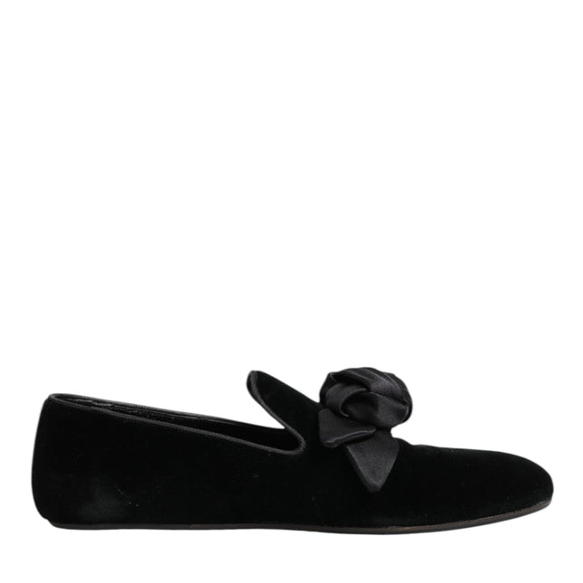 Dolce & Gabbana Black Suede Cotton Rose Slip On Loafers Shoes