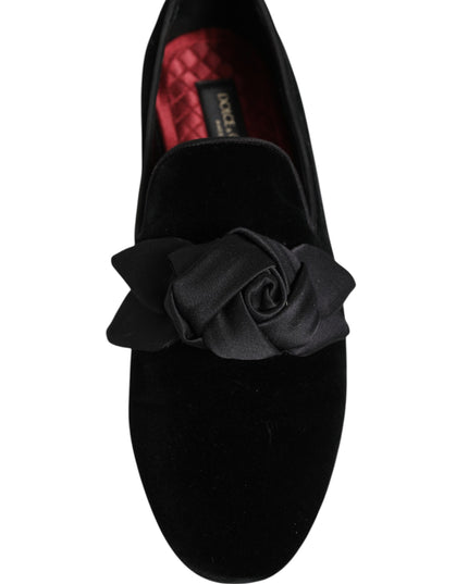 Dolce & Gabbana Black Suede Cotton Rose Slip On Loafers Shoes