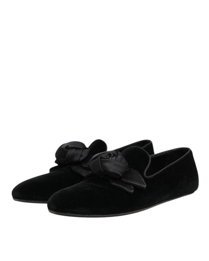 Dolce & Gabbana Black Suede Cotton Rose Slip On Loafers Shoes