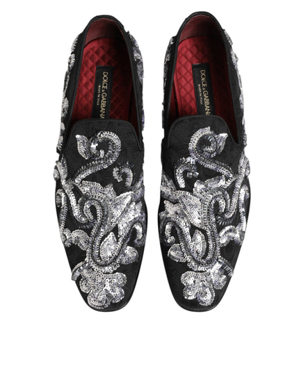 Dolce & Gabbana Black Silver Sequined Loafers Men Dress Shoes