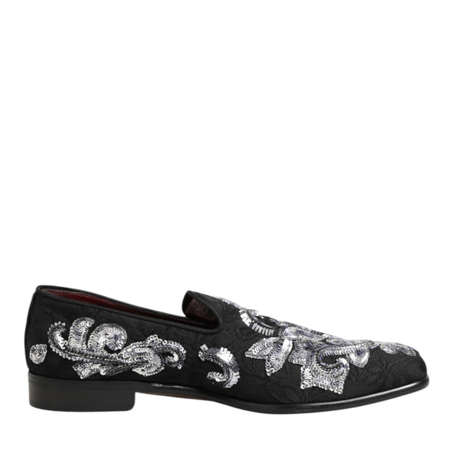Dolce & Gabbana Black Silver Sequined Loafers Men Dress Shoes