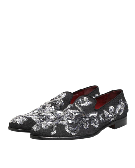 Dolce & Gabbana Black Silver Sequined Loafers Men Dress Shoes
