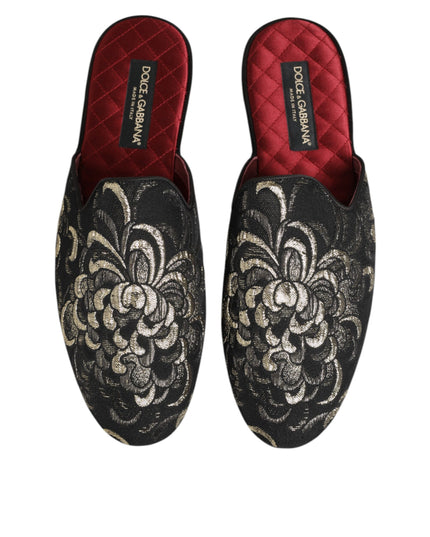 Dolce & Gabbana Black Floral Jacquard Slides Slippers Shoes