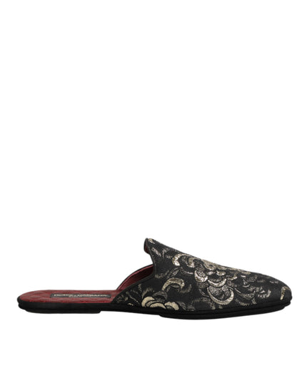 Dolce & Gabbana Black Floral Jacquard Slides Slippers Shoes
