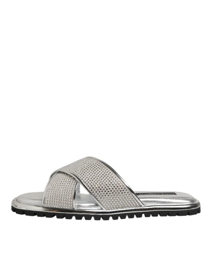 Dolce & Gabbana Silver Strass Slides Flats Slippers Shoes