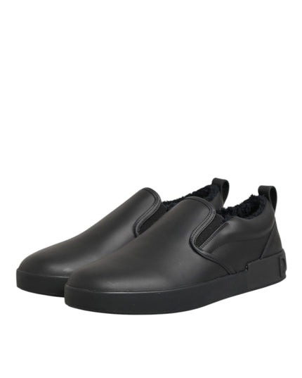 Dolce & Gabbana Black Leather Low Top Slip On Sneakers Shoes