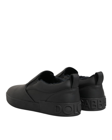 Dolce & Gabbana Black Leather Low Top Slip On Sneakers Shoes
