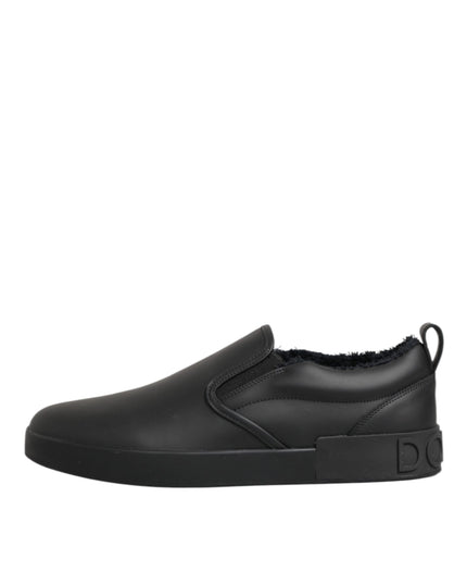 Dolce & Gabbana Black Leather Low Top Slip On Sneakers Shoes