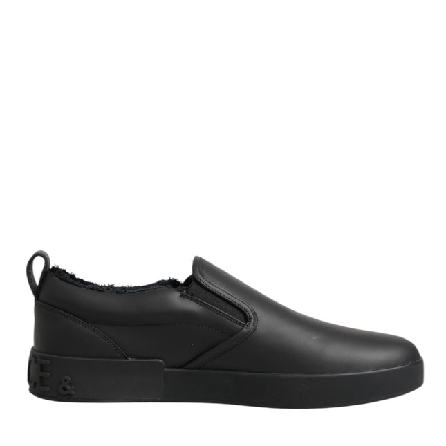 Dolce & Gabbana Black Leather Low Top Slip On Sneakers Shoes