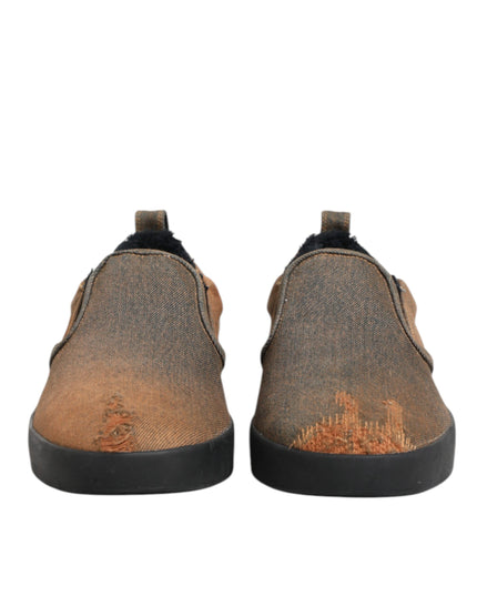 Dolce & Gabbana Brown Cotton Low Top Slip On Sneakers Shoes