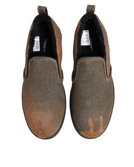Dolce & Gabbana Brown Cotton Low Top Slip On Sneakers Shoes