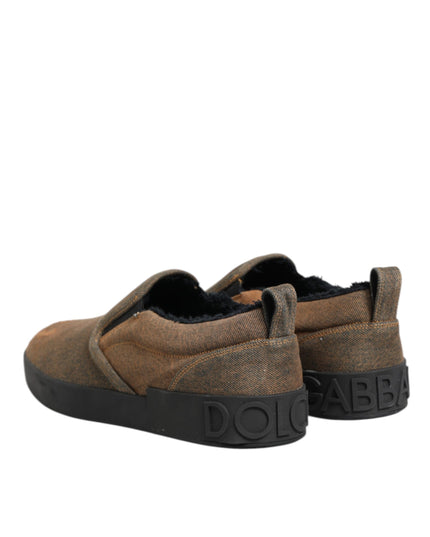 Dolce & Gabbana Brown Cotton Low Top Slip On Sneakers Shoes