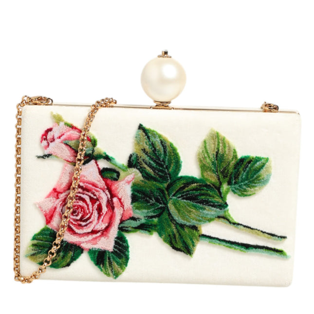 Dolce & Gabbana White Rose Embroidery Silk Gold Frame Clutch Purse Bag