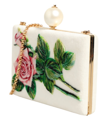 Dolce & Gabbana White Rose Embroidery Silk Gold Frame Clutch Purse Bag