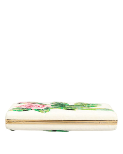 Dolce & Gabbana White Rose Embroidery Silk Gold Frame Clutch Purse Bag