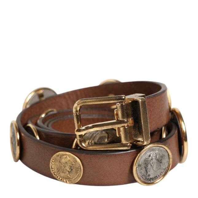 Dolce & Gabbana Brown Leather Gold Silver Coin Buckle Belt