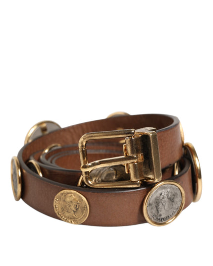 Dolce & Gabbana Brown Leather Gold Silver Coin Buckle Belt