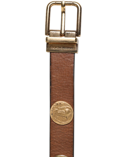 Dolce & Gabbana Brown Leather Gold Silver Coin Buckle Belt