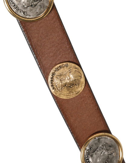 Dolce & Gabbana Brown Leather Gold Silver Coin Buckle Belt