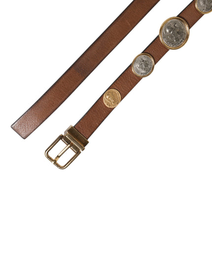 Dolce & Gabbana Brown Leather Gold Silver Coin Buckle Belt