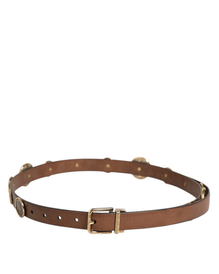 Dolce & Gabbana Brown Leather Gold Silver Coin Buckle Belt