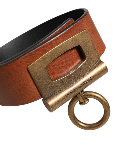 Dolce & Gabbana Brown Leather Side Rings Brass Buckle Belt