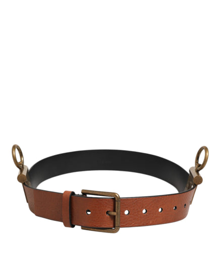 Dolce & Gabbana Brown Leather Side Rings Brass Buckle Belt