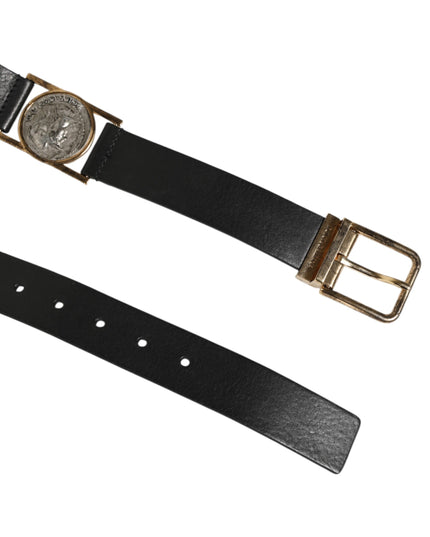 Dolce & Gabbana Black Leather Gold Silver Coin Buckle Belt