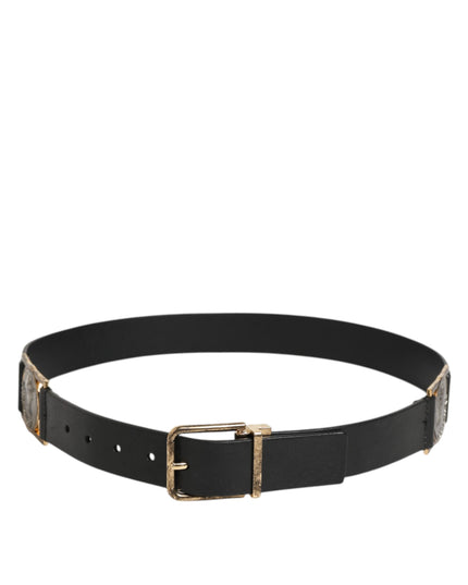 Dolce & Gabbana Black Leather Gold Silver Coin Buckle Belt