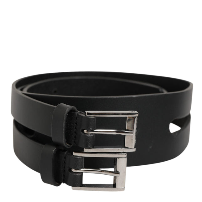 Dolce & Gabbana Black Double Strap Leather Silver Buckle Belt
