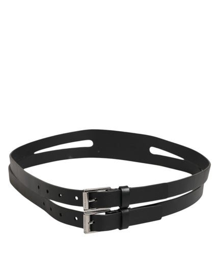 Dolce & Gabbana Black Double Strap Leather Silver Buckle Belt