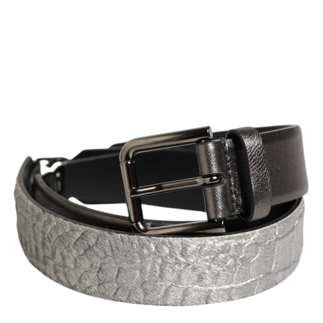 Dolce & Gabbana Black Silver Pebbled Texture Leather Buckle Men Belt