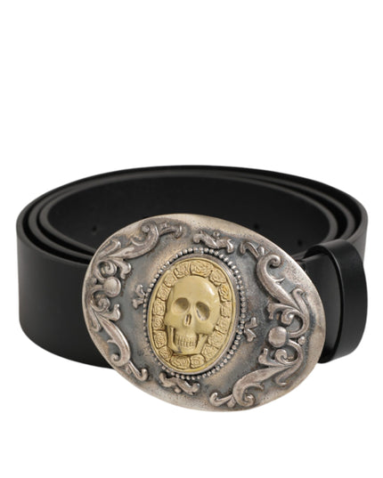 Dolce & Gabbana Black Leather Ornate Metal Buckle Men Belt