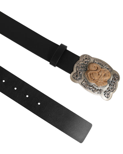 Dolce & Gabbana Black Leather Gothic Dragon Metal Buckle Belt