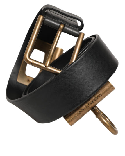Dolce & Gabbana Black Leather Side Rings Brass Buckle Belt