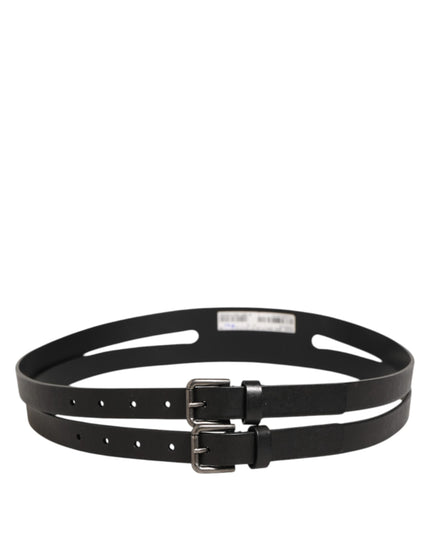 Dolce & Gabbana Black Double Strap Leather Silver Buckle Belt