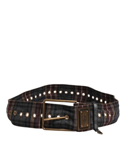 Dolce & Gabbana Plaid Fabric Logo Plate Brass Buckle Belt