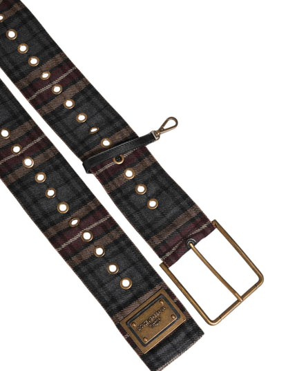 Dolce & Gabbana Plaid Fabric Logo Plate Brass Buckle Belt