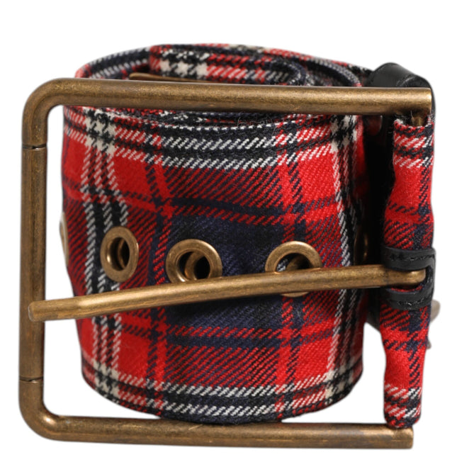 Dolce & Gabbana Red Plaid Fabric Logo Plate Brass Buckle Belt