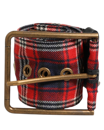 Dolce & Gabbana Red Plaid Fabric Logo Plate Brass Buckle Belt