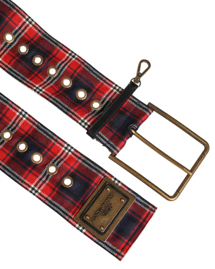 Dolce & Gabbana Red Plaid Fabric Logo Plate Brass Buckle Belt