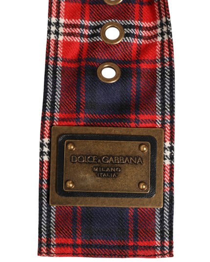 Dolce & Gabbana Red Plaid Fabric Logo Plate Brass Buckle Belt