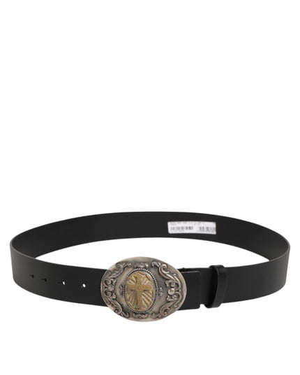 Dolce & Gabbana Black Leather Ornate Metal Buckle Men Belt
