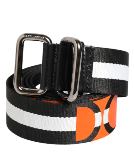 Dolce & Gabbana Black White Striped Logo Metal Buckle Belt