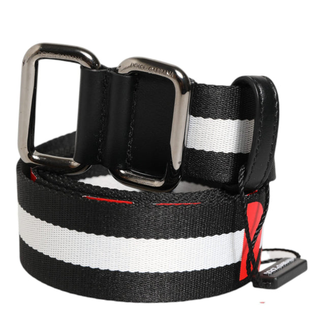 Dolce & Gabbana Black White Striped Logo Metal Buckle Belt