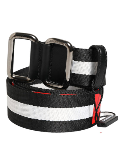 Dolce & Gabbana Black White Striped Logo Metal Buckle Belt