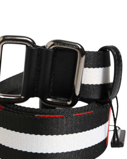 Dolce & Gabbana Black White Striped Logo Metal Buckle Belt